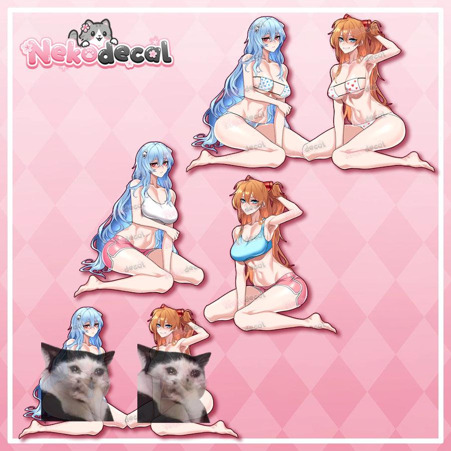 Comfy Asuka & Rei Stickers - This image features cute anime car sticker decal which is perfect for laptops and water bottles - Nekodecal
