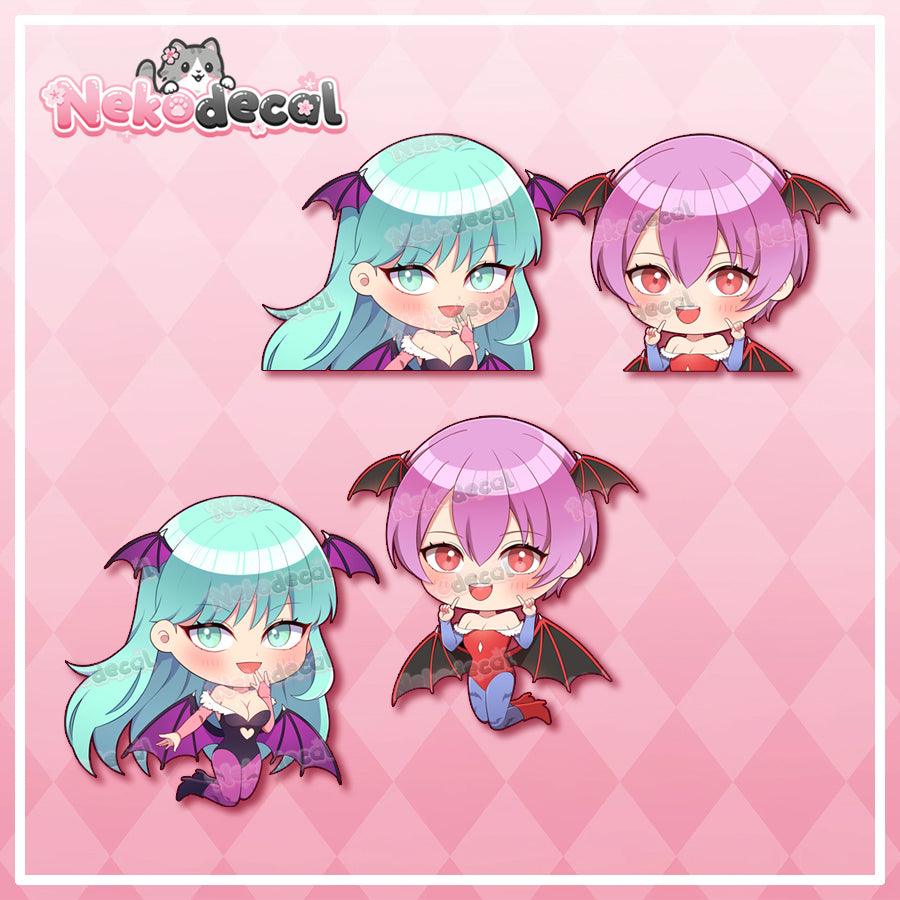 Chibi Morrigan & Lilith Peekers - This image features cute anime car sticker decal which is perfect for laptops and water bottles - Nekodecal