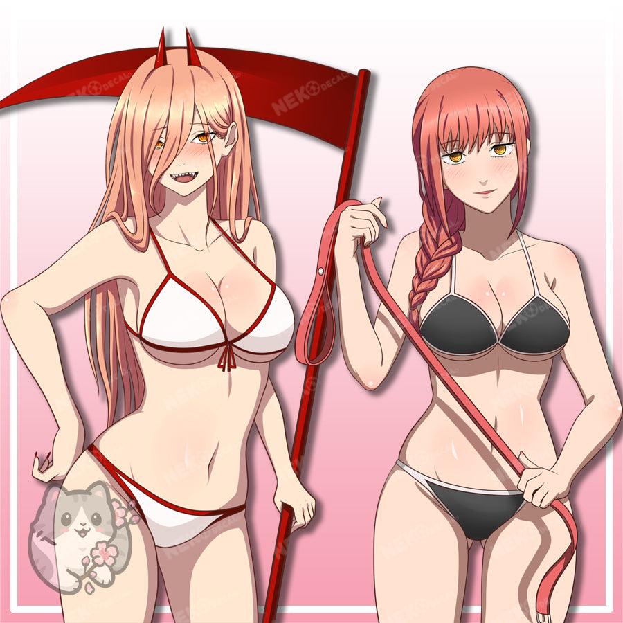 Power & Makima Bikini Stickers - This image features cute anime car sticker decal which is perfect for laptops and water bottles - Nekodecal